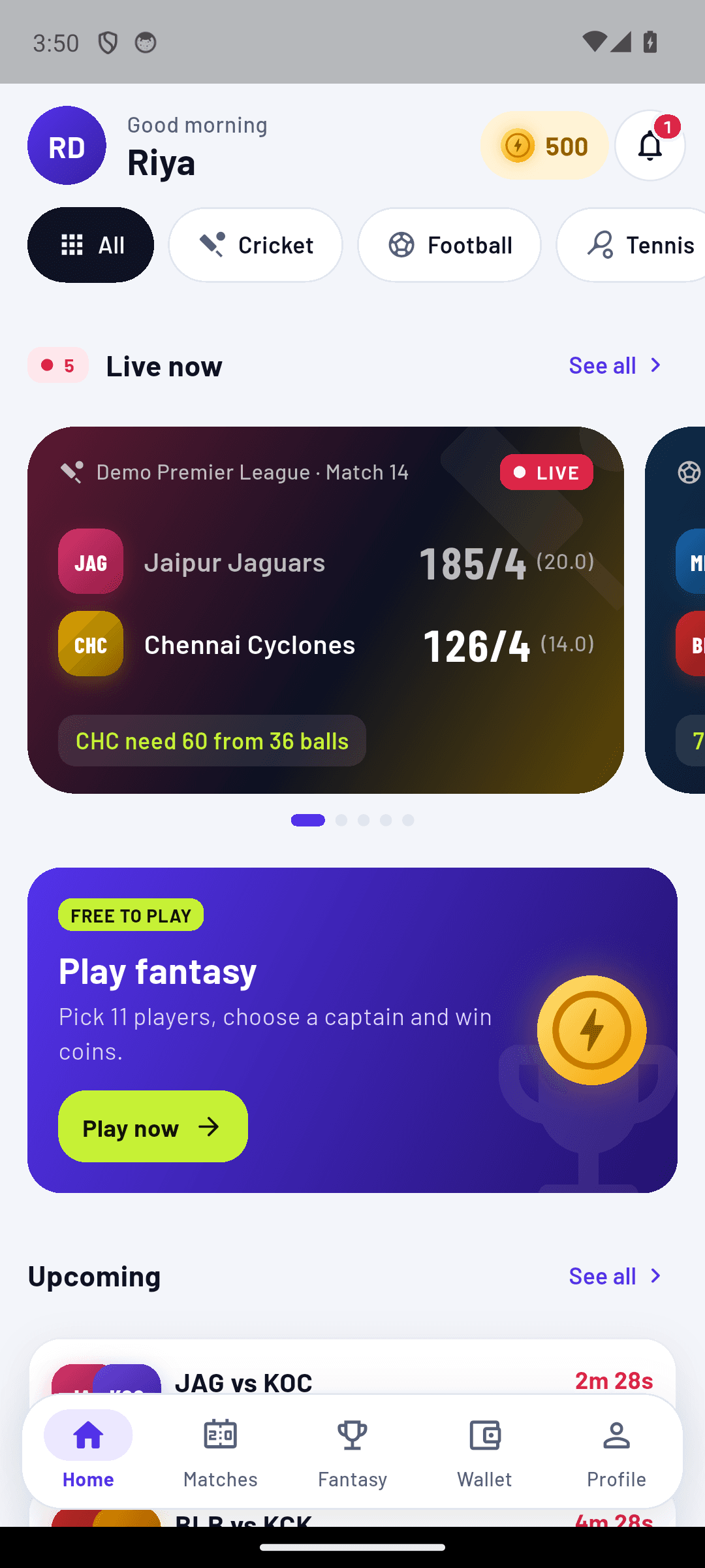लाइव क्रिकेट स्कोर के साथ 1xSportbook ऐप की होम स्क्रीन